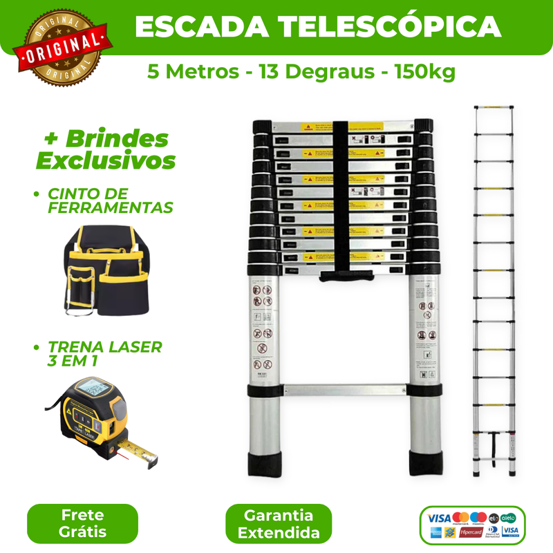 Escada Telescópica Ultra Resistente - 13 Degraus 5M (+ Brindes)