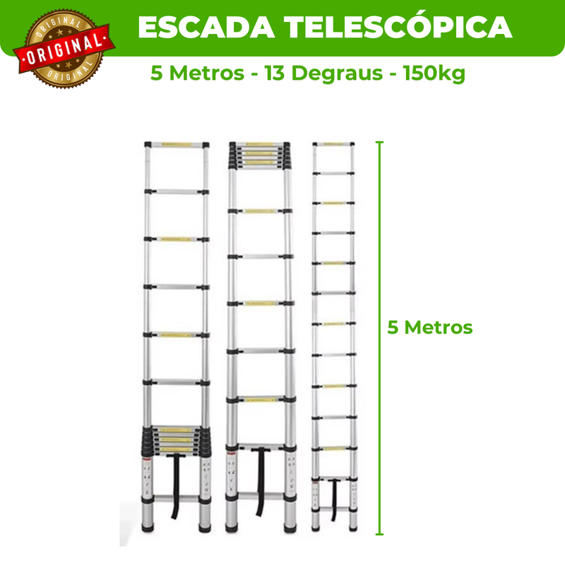 Escada Telescópica Ultra Resistente - 13 Degraus 5M (+ Brindes)