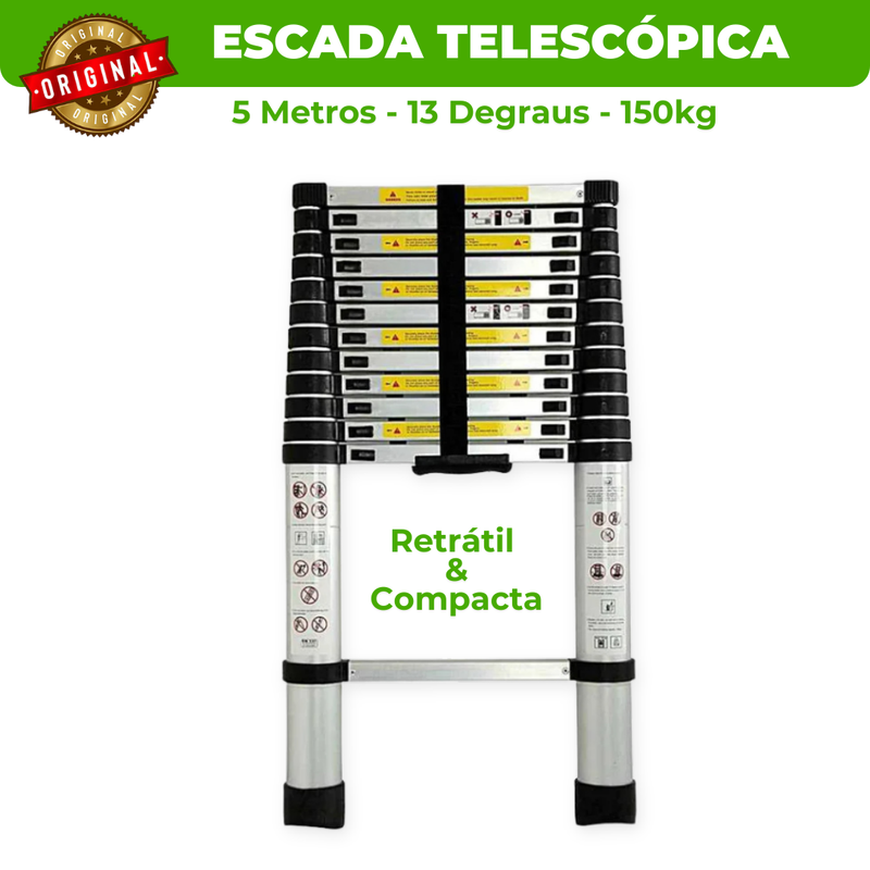 Escada Telescópica Ultra Resistente - 13 Degraus 5M (+ Brindes)